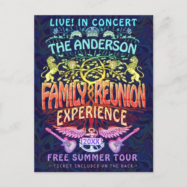 Family Reunion Band Retro 70s Concert Ticket Neon Postcard (Front)