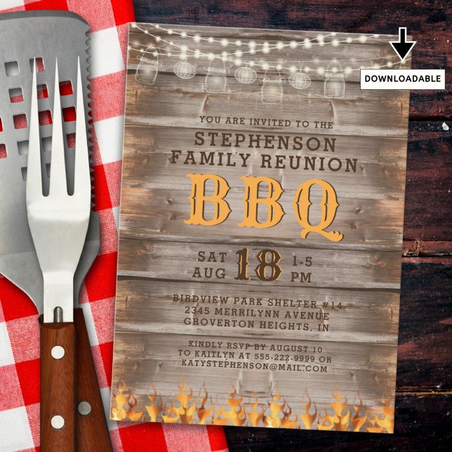 Family Reunion BBQ Rustic Wood String Lights Invitation (Creator Uploaded)