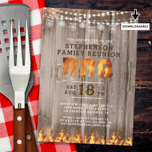 Family Reunion BBQ Rustic Wood String Lights Invitation