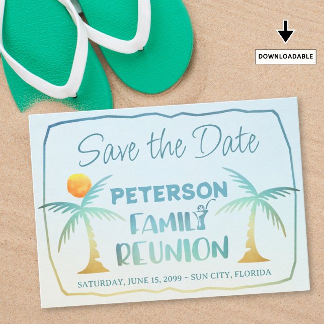 Family Reunion Beach Palm Trees Tropical Script Save The Date (Creator Uploaded)