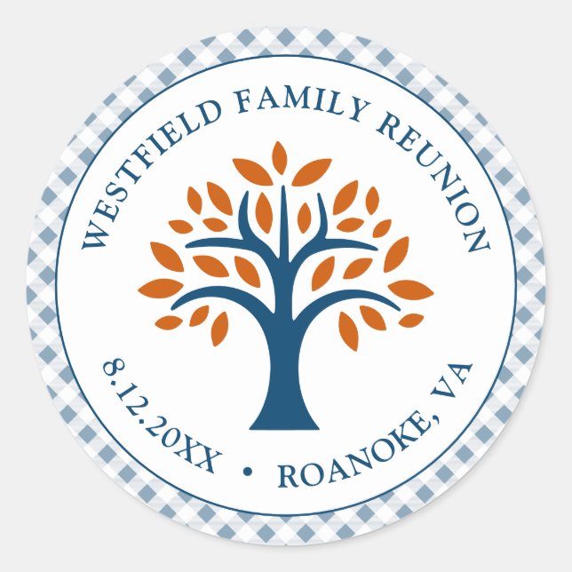 Family Reunion Blue Check Modern Family Tree Classic Round Sticker (Front)