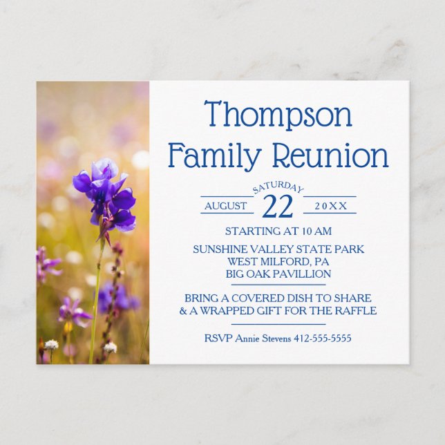 Family Reunion Blue Wildflowers Invitation Postcard (Front)