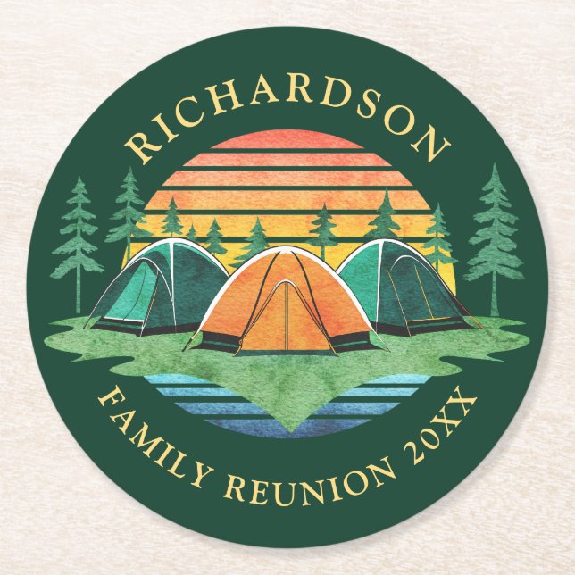 Family Reunion Camping Trip Sunset Green Round Paper Coaster (Front)