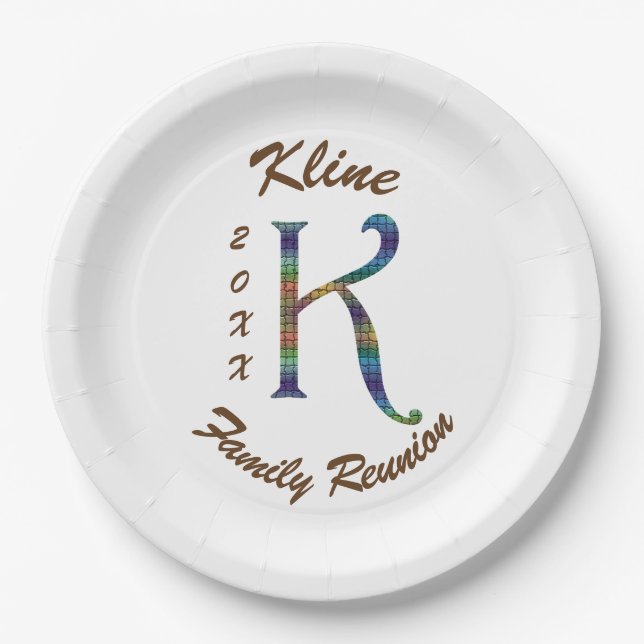 Family Reunion Colourful Letter K Monogram Initial Paper Plate (Front)