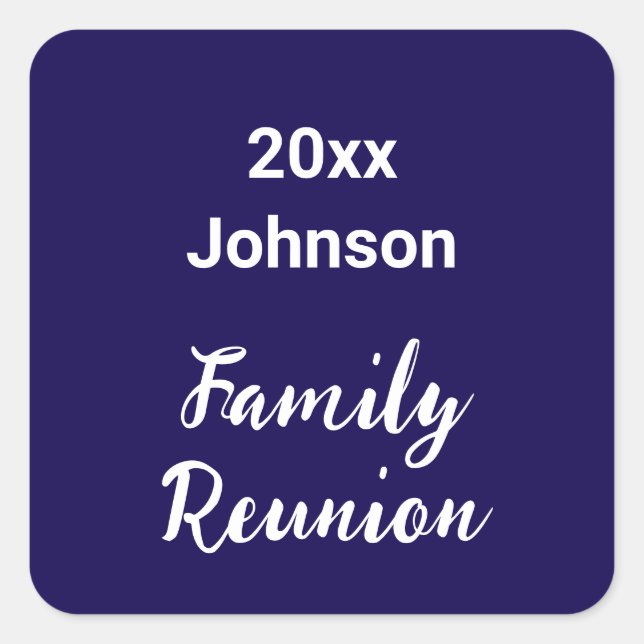 Family Reunion Dark Blue and White Year Name Square Sticker (Front)