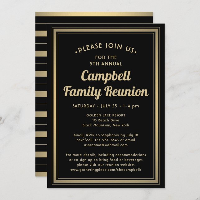 Family Reunion Elegant Black and Gold Bordered Invitation (Front/Back)
