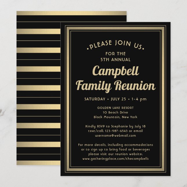 Family Reunion Elegant Black and Gold Bordered Invitation (Front/Back)