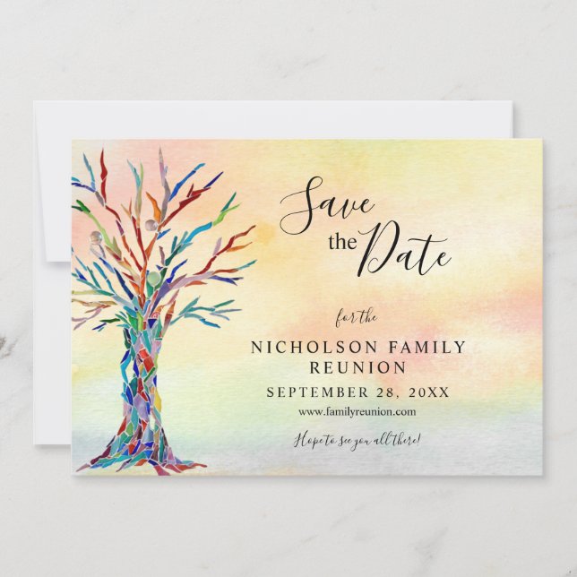 Family Reunion Elegant Coloured Tree Save The Date (Front)