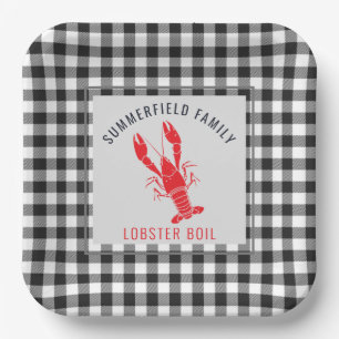 Family Reunion Gingham Plaid Black Lobster Boil Paper Plate