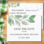 Family Reunion Greenery Save The Date Announcement Postcard<br><div class="desc">Send save-the-date information for your family reunion with these stylish postcards. They are decorated with a modern, minimalist foliage design in shades of green. Easily customisable. Coordinating reunion invitations and party supplies are also available in my store. Use the Design Tool to change the text size, style, or colour. Because...</div>