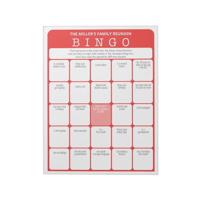 Family Reunion Ice Breaker Bingo Game Notepad (Rotated)
