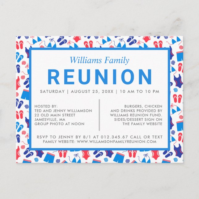 Family Reunion Invitation Red White Blue Postcard (Front)