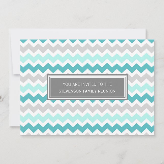 Family Reunion Invitations Aqua Grey Chevron (Front)