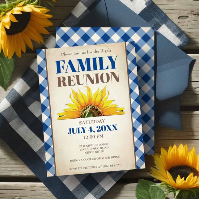 Family Reunion Invitations Rustic Sunflower Picnic (Family reunion invitations rustic sunflower and blue gingham.)