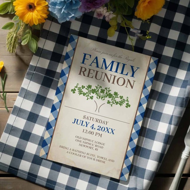 Family Reunion Invitations Template (Family reunion invitations blue gingham and tree.)