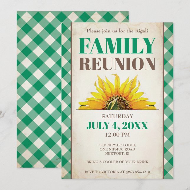 Family Reunion Invite, Sunflower, Green Invitation (Front/Back)