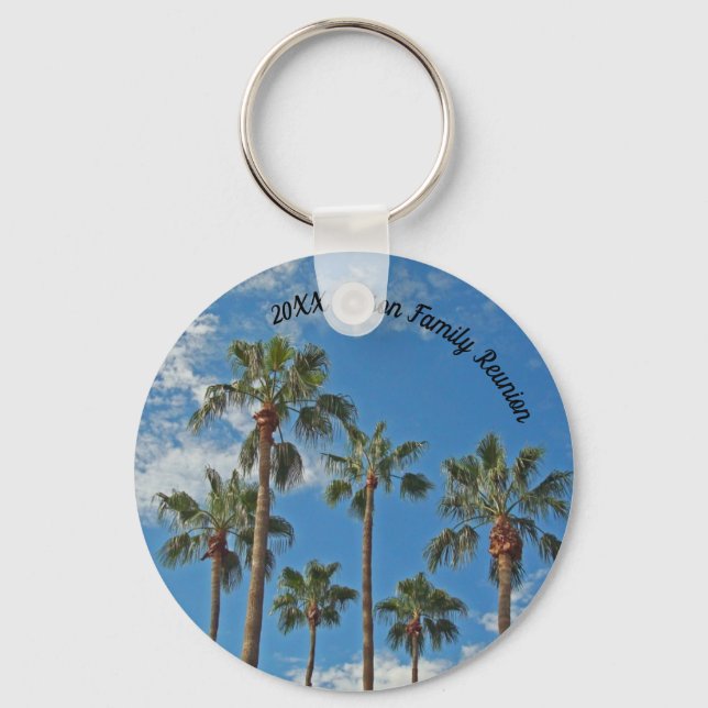 Family Reunion Keepsake Palm Trees and Blue Sky Key Ring (Front)