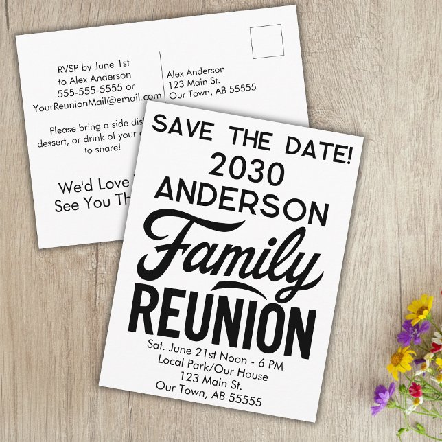 Family Reunion Modern Minimalist Preaddressed Save Holiday Postcard (Creator Uploaded)