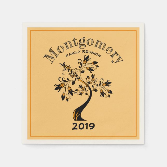 Family Reunion Modern Orange Flowering Black Tree Napkin (Front)