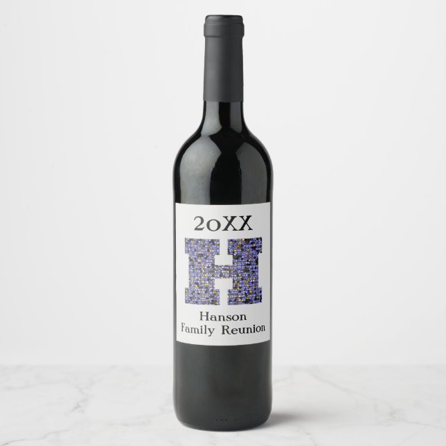 Family Reunion Mosaic Letter H Last Name Monogram Wine Label (Front)