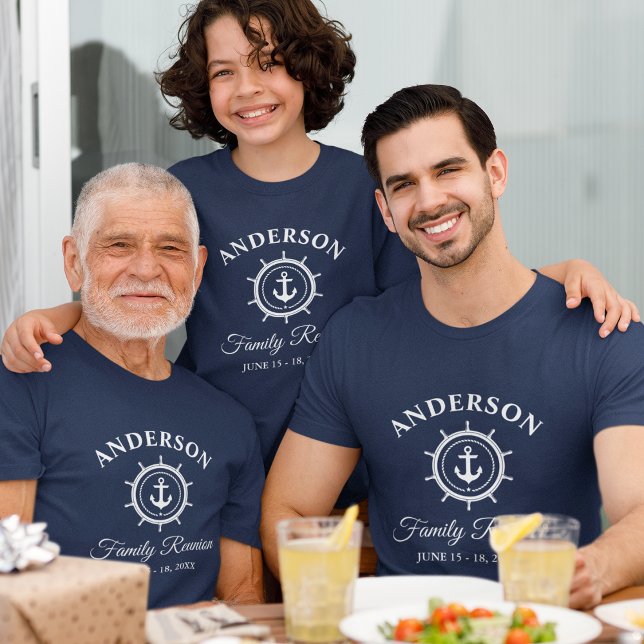 Family Reunion Nautical Anchor Helm Blue Tri-Blend Shirt (Customize to change text size. Choose from a variety of shirt colors and styles.)