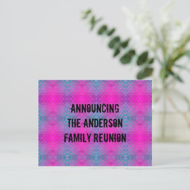 Family Reunion Neon Pink Blue Tie Dye Announcement Postcard (Standing Front)