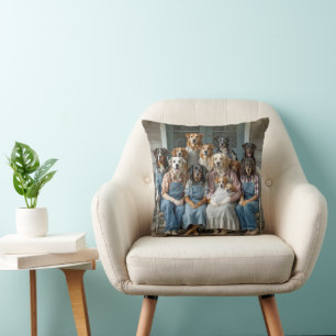 Family Reunion of Dogs On Farmhouse Porch Cushion