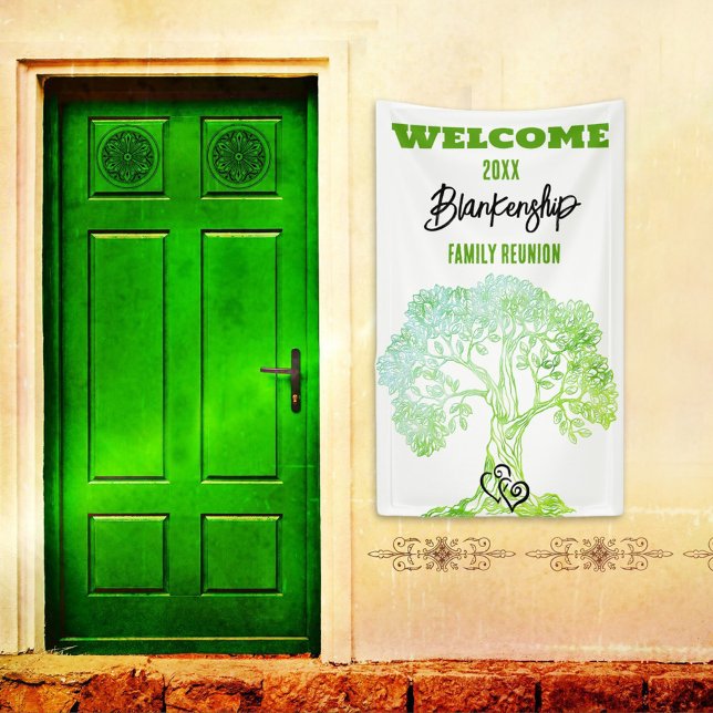 Family Reunion Old Green Tree on Black Custom  Banner (Welcome family on a vertical format reunion banner with rustic green tree on a white background.
)