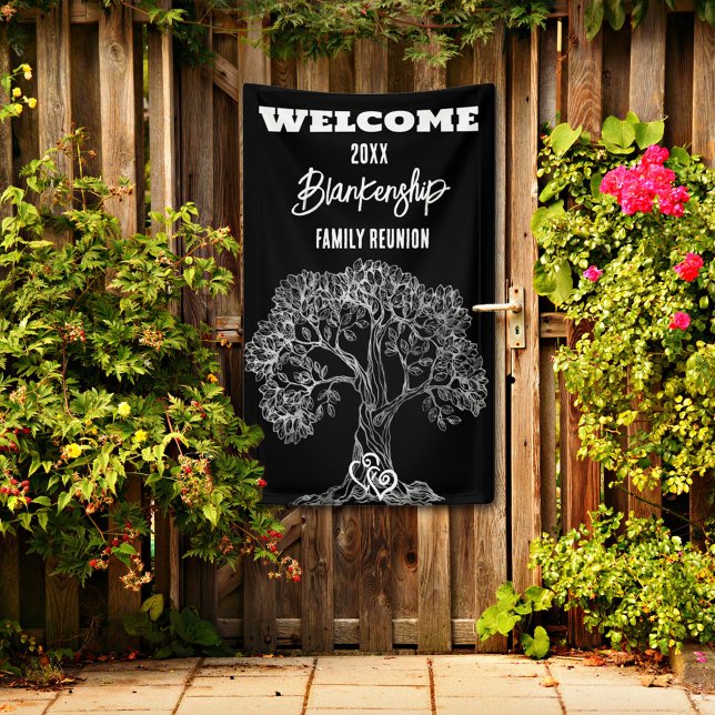 Family Reunion Old White Tree on Black Custom  Banner (Welcome family on a vertical format reunion banner with rustic white tree on a black background.
)