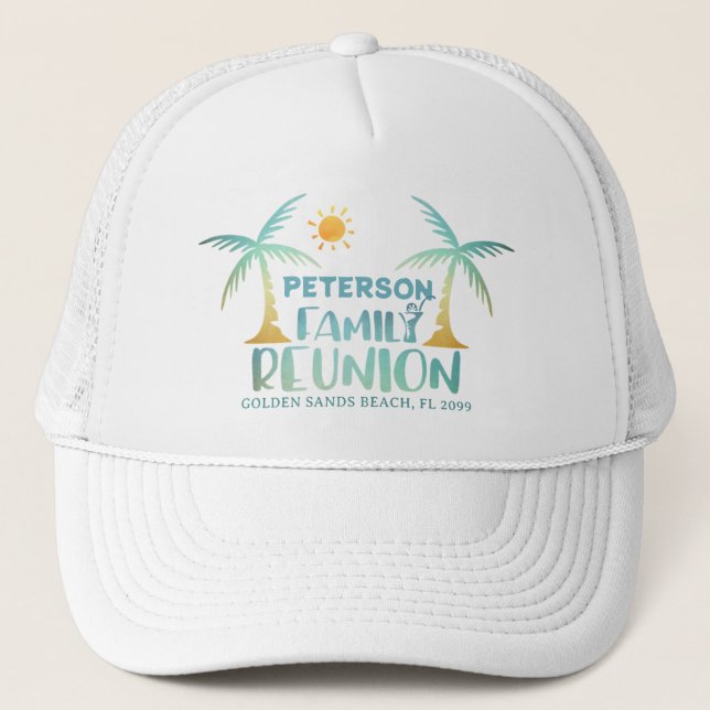 Family Reunion Palm Tree Beach Name Trucker Hat (Front)