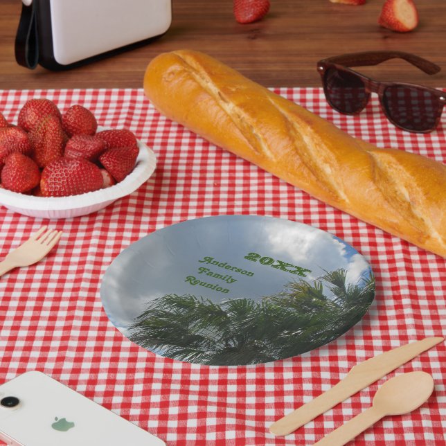 Family Reunion Palm Tree Photo Tropical Beach Trip Paper Plate (Picnic)