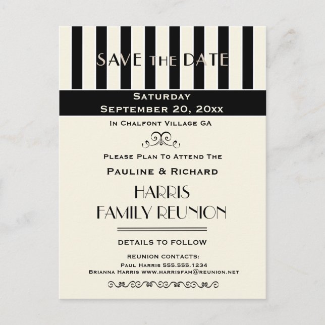 Family Reunion, Party, Event Striped Save the Date Announcement Postcard (Front)
