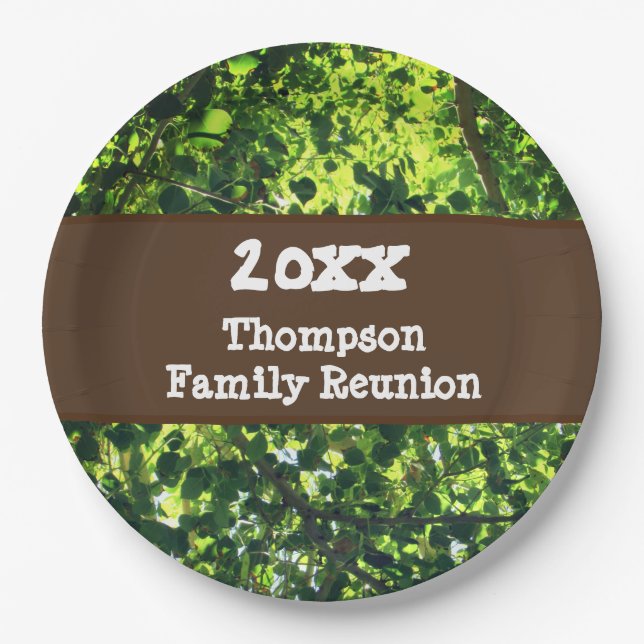 Family Reunion Picnic Green Tree Leaves Event Paper Plate (Front)