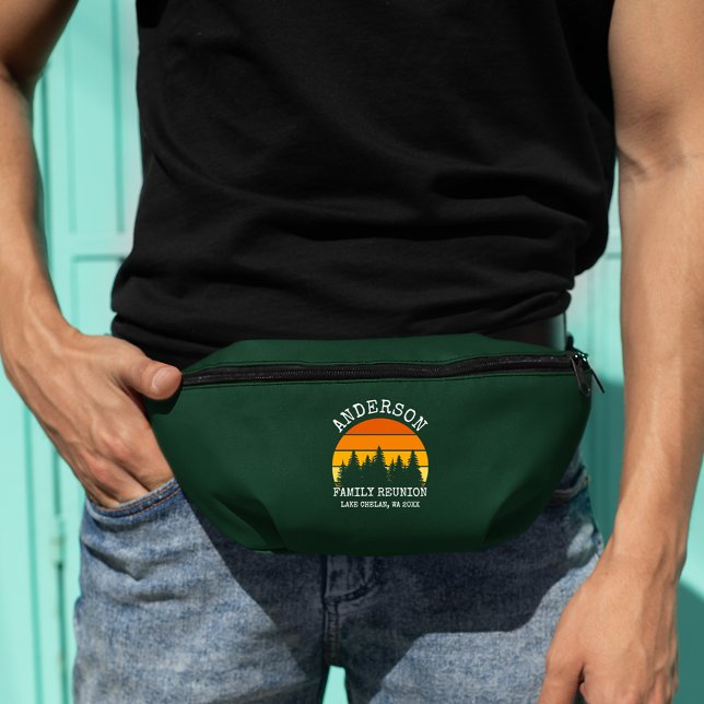 Family Reunion Pine Trees Sunset Green Bum Bags (Customize to change text size or text style.)