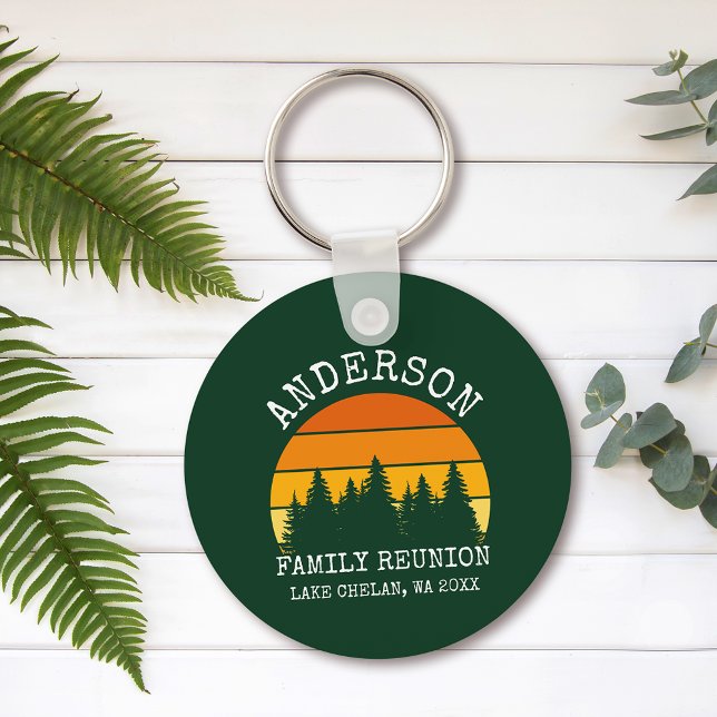 Family Reunion Pine Trees Sunset Green Key Ring (Customize to change text size or text style.)