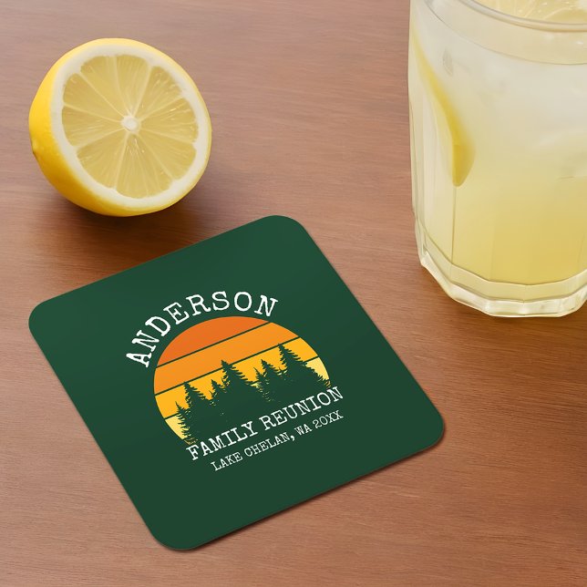 Family Reunion Pine Trees Sunset Green Square Paper Coaster (Customize to change text size or text style.)