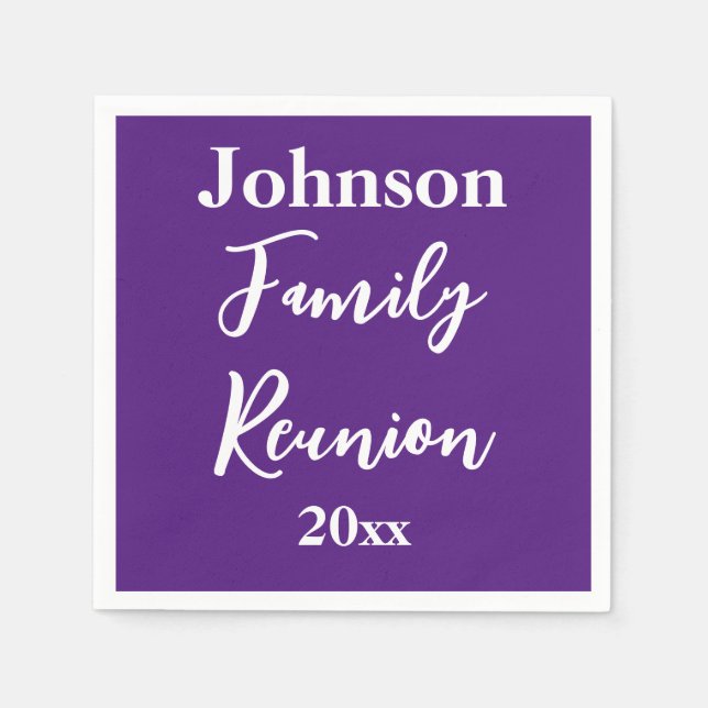 Family Reunion Purple and White Name Year Template Napkin (Front)