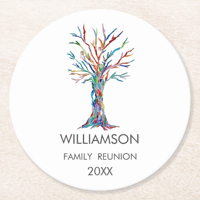 Family Reunion Rainbow Family Tree Round Paper Coaster (Front)