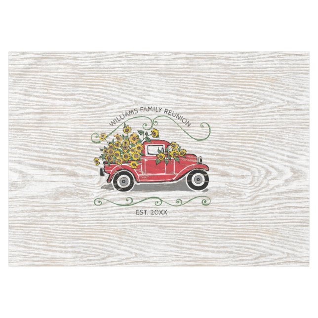 Family Reunion Red Vintage Truck Sunflowers Rustic Tablecloth (Front (Horizontal))