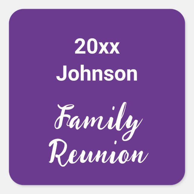 Family Reunion Royal Purple and White Year Name Square Sticker (Front)