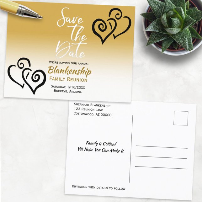 Family Reunion Save The Date Black Linked Hearts Announcement Postcard (Creator Uploaded)