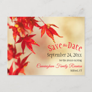 Family Reunion Save The Date Fall Red Leaves Bokeh Postcard
