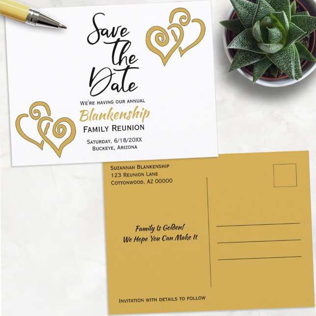 Family Reunion Save The Date Linked Golden Hearts Announcement Postcard (Creator Uploaded)