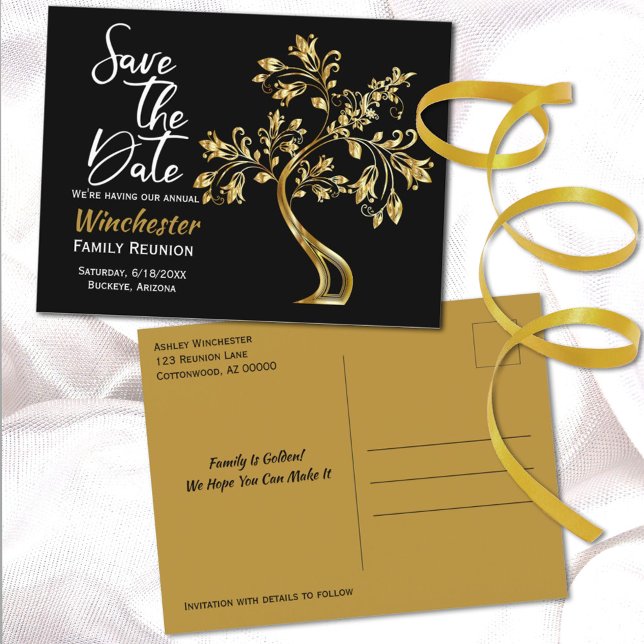 Family Reunion Save The Date Modern Gold Tree Announcement Postcard (Creator Uploaded)