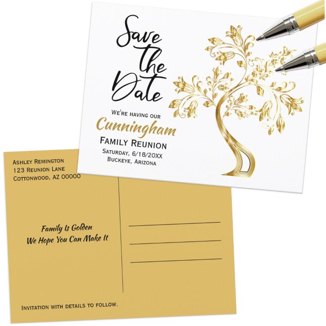 Family Reunion Save The Date Modern Gold Tree Announcement Postcard (Creator Uploaded)