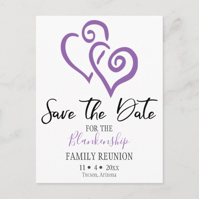 Family Reunion Save The Date Purple Linked Hearts Announcement Postcard (Front)