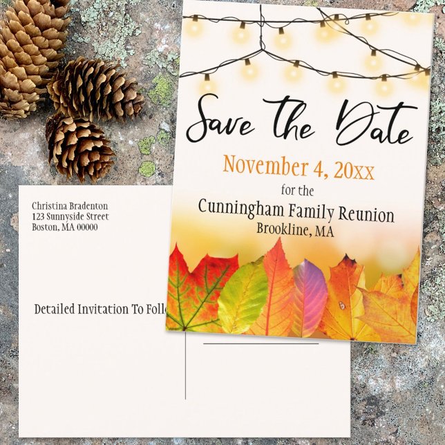 Family Reunion Save The Date String Lights Leaves Announcement Postcard (Creator Uploaded)
