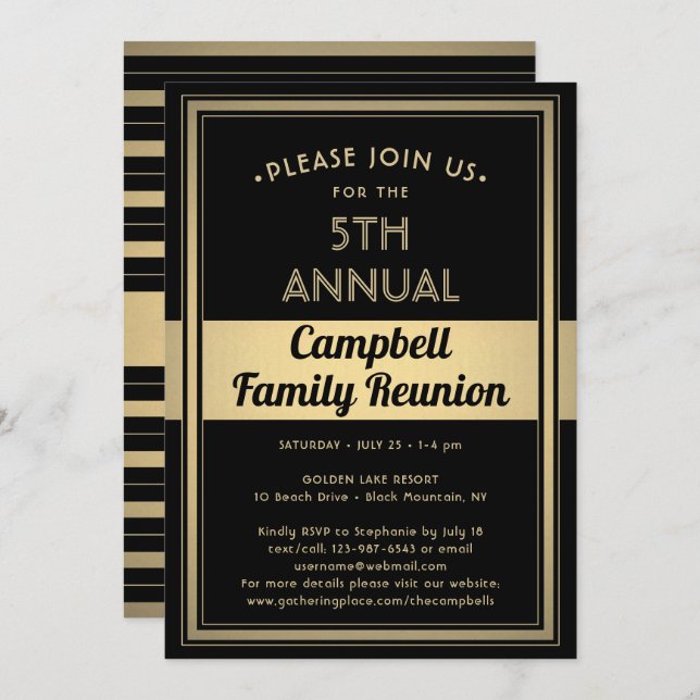 Family Reunion Stylish Typography Black and Gold Invitation (Front/Back)
