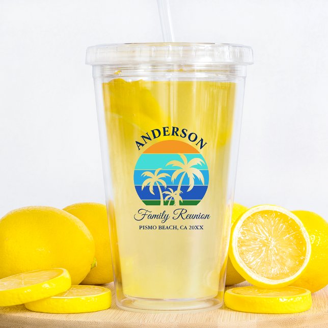 Family Reunion Summer Beach Palm Trees Acrylic Tumbler (Customize to change text color.)