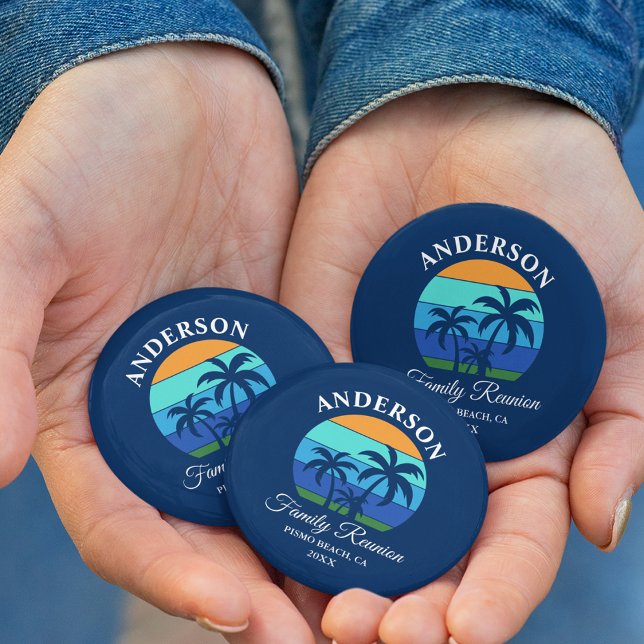 Family Reunion Summer Beach Palm Trees Blue 6 Cm Round Badge (Customize to change background color.)